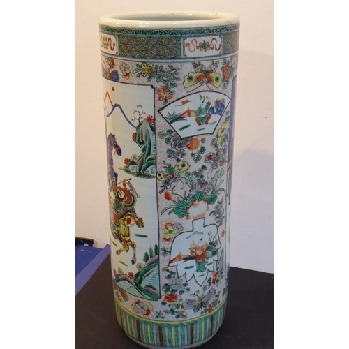 76 - A 19th century Chinese porcelain stick/umbrella stand; the body painted with two main vertical recta... 