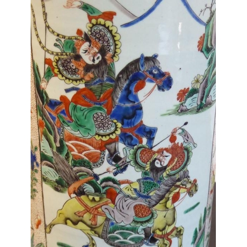 76 - A 19th century Chinese porcelain stick/umbrella stand; the body painted with two main vertical recta... 