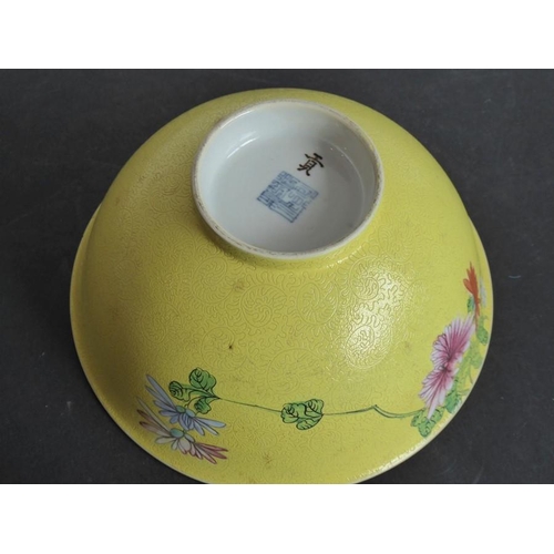 77 - A 19th century Chinese porcelain yellow ground scrafitto bowl; the feathery-scroll incised ground pa... 