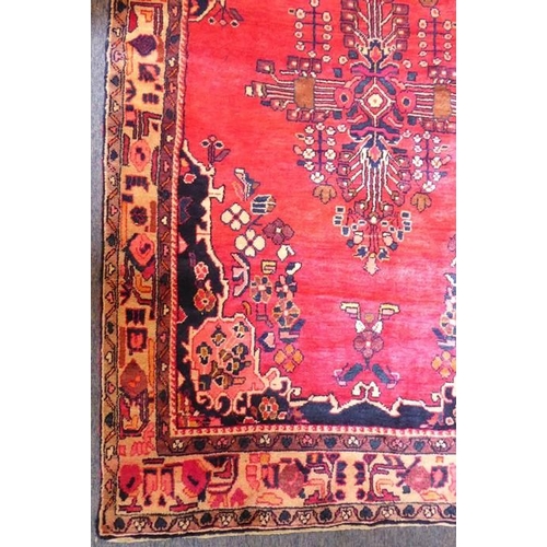 813 - A north-west Persia Hamadan rug; predominately red ground and with red, pink and beige borders (232c... 