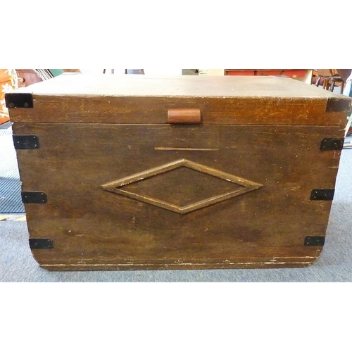 916 - A large iron-mounted scumble-finish pine chest with two side carrying handles, the hinged lid liftin... 