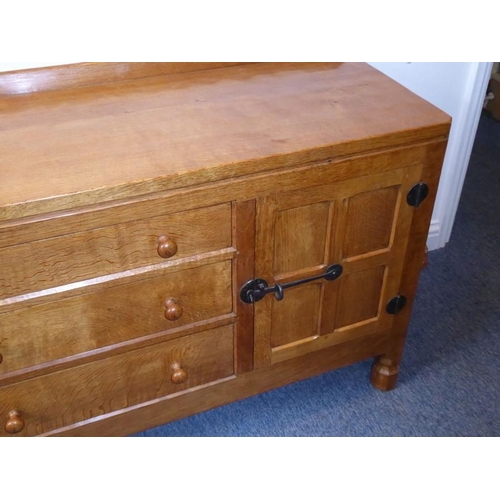 924 - A good Robert 'Mouseman' Thompson of Kilburn oak sideboard; the galleried back adjoining to an adzed... 