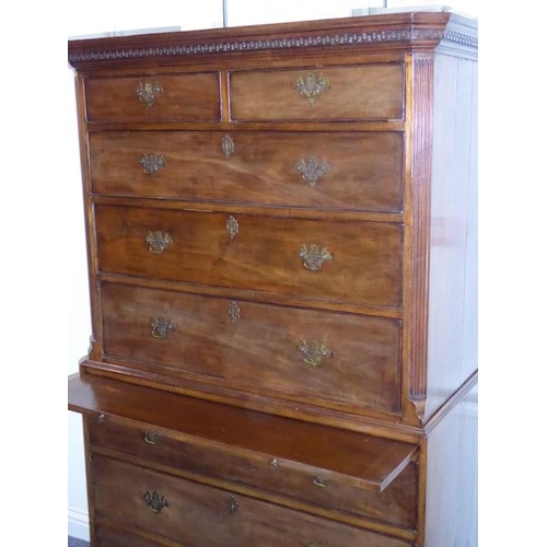 932 - A late 18th century mahogany chest on chest; the key fret cornice above tow half-width and three ful... 