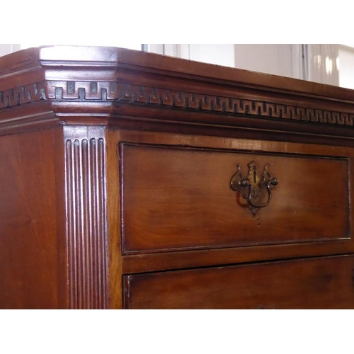 932 - A late 18th century mahogany chest on chest; the key fret cornice above tow half-width and three ful... 