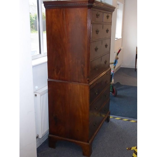 932 - A late 18th century mahogany chest on chest; the key fret cornice above tow half-width and three ful... 