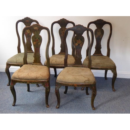 937 - A rare set of five early 18th century green painted and lacquered salon chairs; each shaped top rail... 