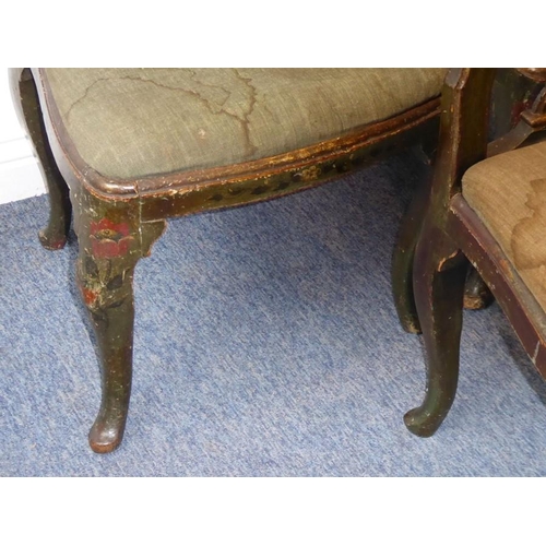 937 - A rare set of five early 18th century green painted and lacquered salon chairs; each shaped top rail... 