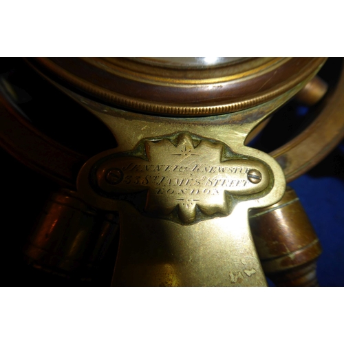 402 - A 19th century novelty brass mantel clock modelled as a ship's wheel with turned varying coloured ag... 