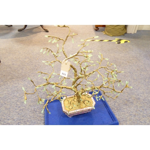 593 - A 20th century pink ground Chinese cloisonné octagonal trough; having a gilded 'bonsai-style' tree e... 