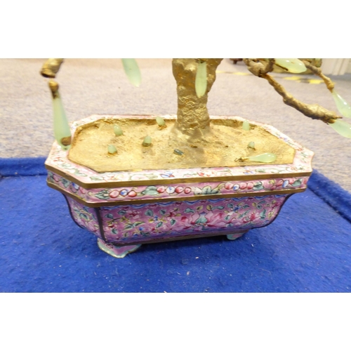 593 - A 20th century pink ground Chinese cloisonné octagonal trough; having a gilded 'bonsai-style' tree e... 