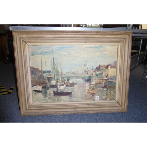 672 - RONALD OSSORY DUNLOP (1894-1973), a framed oil on canvas study depicting a harbour scene with boats ... 