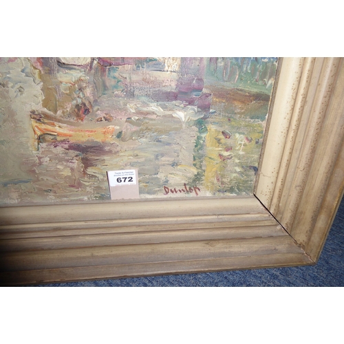 672 - RONALD OSSORY DUNLOP (1894-1973), a framed oil on canvas study depicting a harbour scene with boats ... 