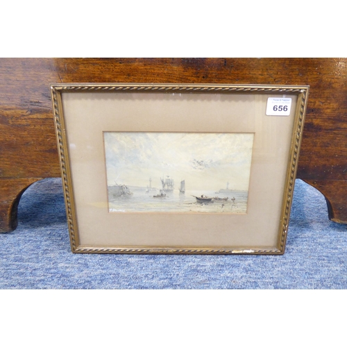 656 - *GEORGE WEATHERILL (1810-1890), a 19th century gilt-framed watercolour harbour study with sail boats... 