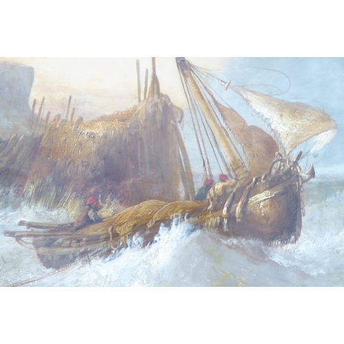 663 - James WEBB (c. 1825-1895); a large, gilt-framed 19th century oil on canvas 'Boat in Choppy Waters' (... 