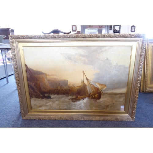 663 - James WEBB (c. 1825-1895); a large, gilt-framed 19th century oil on canvas 'Boat in Choppy Waters' (... 