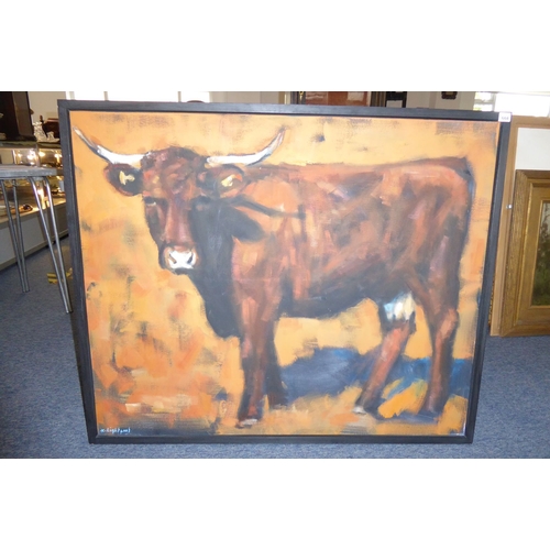 668 - K (KATHARINE) LIGHTFOOT (b 1972, Devon artist), a large box-framed oil on canvas study 'Cow against ... 