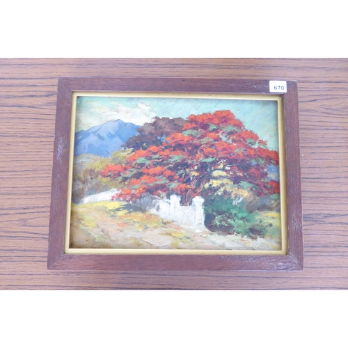 670 - An oak-framed impasto-style oil on panel study of a tree with vibrant-red leaves behind a wall, a mo... 