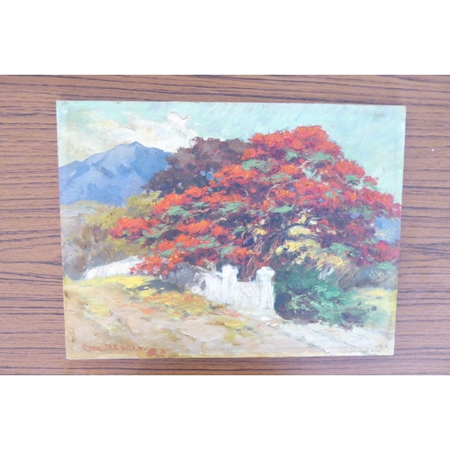 670 - An oak-framed impasto-style oil on panel study of a tree with vibrant-red leaves behind a wall, a mo... 