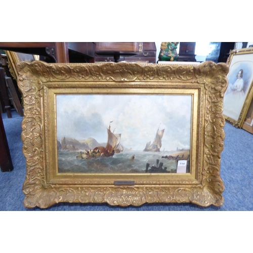 714 - ALFRED MONTAGUE (1832-c. 1883), a gilt-framed (later) oil on canvas (lined) marine study, coastal sc... 