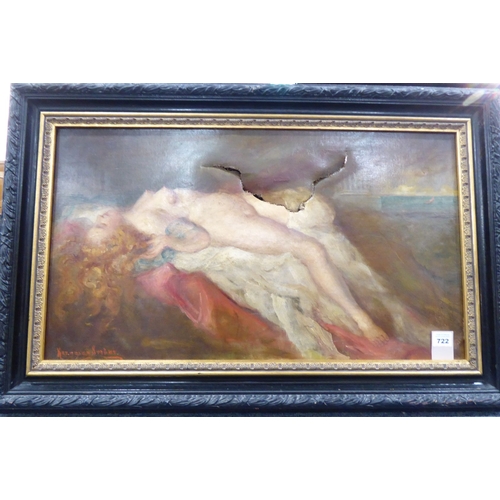 722 - A late 19th early 20th century parcel-gilt framed and glazed oil on canvas female nude study; the su... 