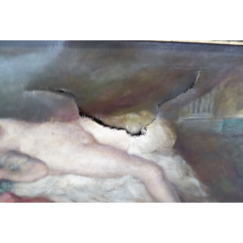 722 - A late 19th early 20th century parcel-gilt framed and glazed oil on canvas female nude study; the su... 