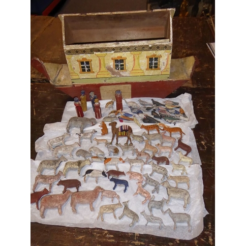 586 - A late 19th/early 20th century wooden Noah's Ark; in play-worn condition and with a variety of the u... 