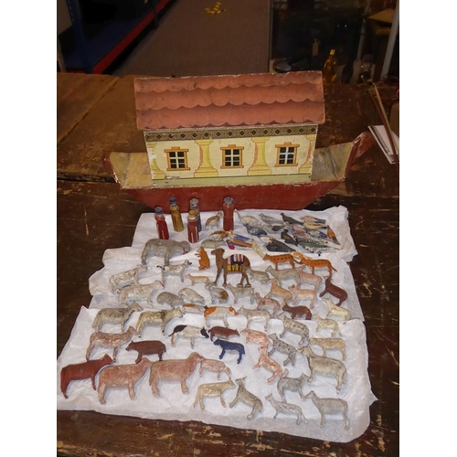 586 - A late 19th/early 20th century wooden Noah's Ark; in play-worn condition and with a variety of the u... 