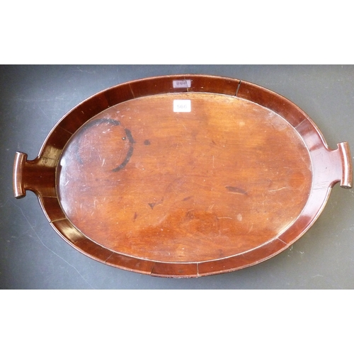 566 - An 18th century style oval mahogany two-handled serving tray coopered with two brass bands, small ci... 