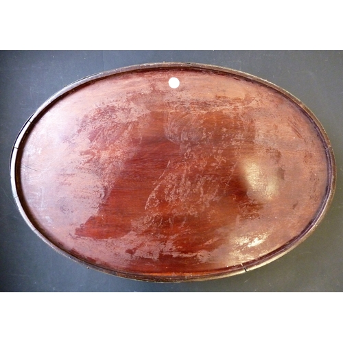 566 - An 18th century style oval mahogany two-handled serving tray coopered with two brass bands, small ci... 