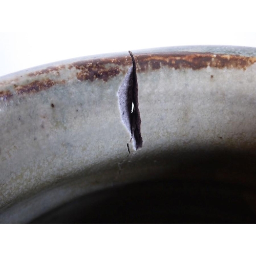 13 - Richard BATTERHAM (b. 1936); a large Studio-ware style stoneware jar of faceted barrel form, green g... 