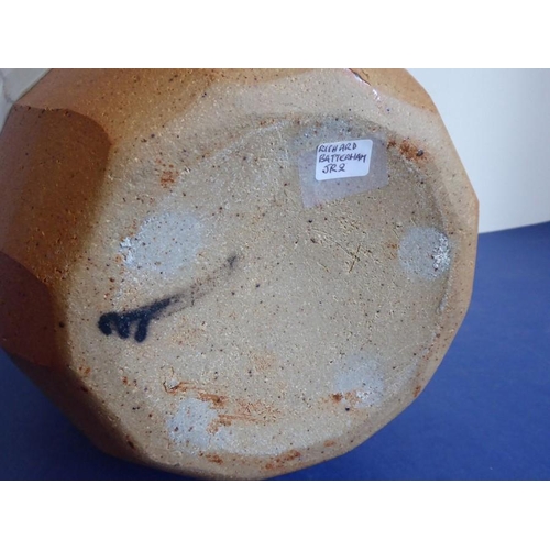 13 - Richard BATTERHAM (b. 1936); a large Studio-ware style stoneware jar of faceted barrel form, green g... 