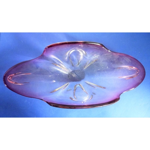 41 - A large boat-shaped art glass dish with red borders (possibly 1960s/70s) together with other glasswa... 