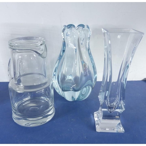 41 - A large boat-shaped art glass dish with red borders (possibly 1960s/70s) together with other glasswa... 