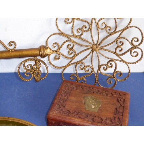 48 - An unusual mid-20th century hat and coat rack modelled as a wall-hanging gilded key (66cm) together ... 