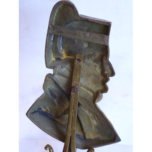 55 - Two late 19th/early 20th century three-light brass wall appliques; each headed with shoulder length ... 