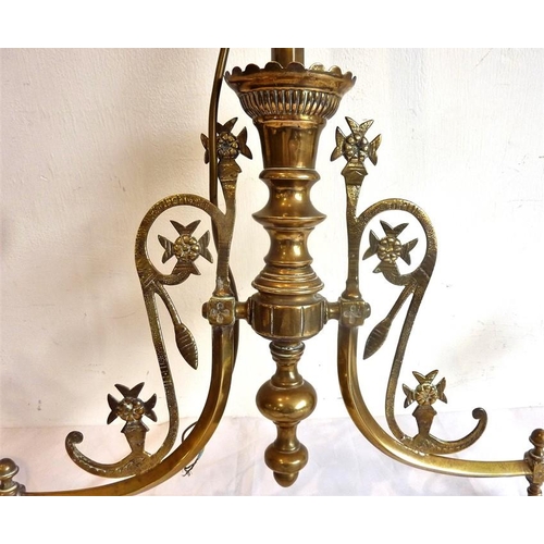 56 - A large and ornate 19th century two-branch gasolier with etched-glass shades having cranberry edges ... 