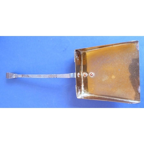 57 - Four miniature enamelled teapots (various); together with a small handmade brass shovel having a ste... 