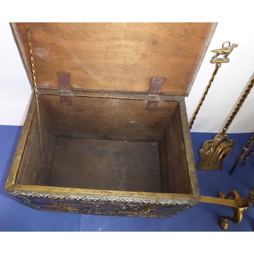 58 - Fireside brassware comprising a coal box, fire-irons and fire-dogs; the coal box decorated with gall... 