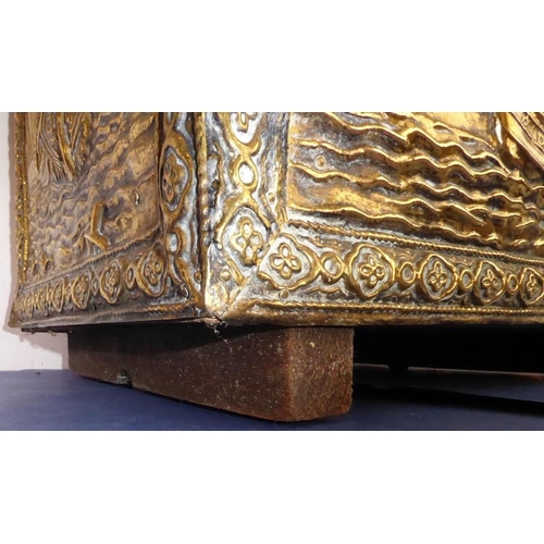 58 - Fireside brassware comprising a coal box, fire-irons and fire-dogs; the coal box decorated with gall... 