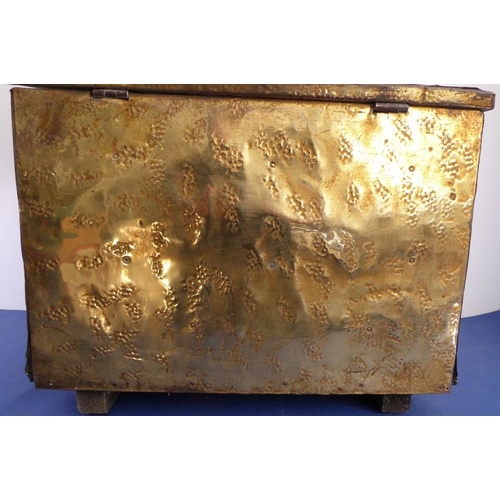 58 - Fireside brassware comprising a coal box, fire-irons and fire-dogs; the coal box decorated with gall... 