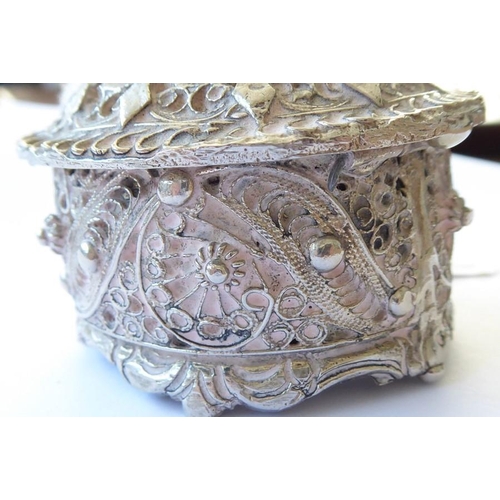 155 - A heavy cast circular silver metal coloured box and cover of Eastern inspiration (possibly Indian/Ir... 