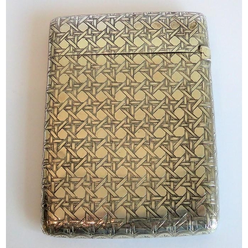 168 - A 19th century hallmarked silver card case (carte de visite); engraved with an all over woven lattic... 