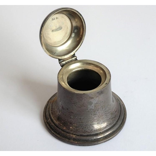 183 - A selection of silver and silver plate: a bell-shaped hallmarked silver inkwell (minus glass liner);... 