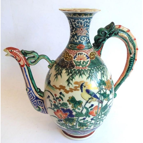 19 - An early 20th century Japanese wine ewer decorated in the Satsuma style; the curling handle modelled... 