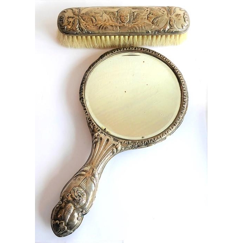 196 - Various silver and silver plate: two handheld hallmarked silver dressing table mirrors, a matching c... 