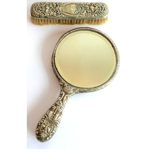 196 - Various silver and silver plate: two handheld hallmarked silver dressing table mirrors, a matching c... 