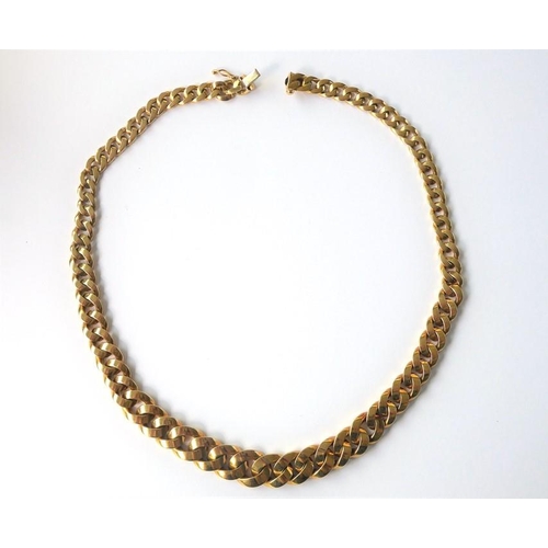 204 - An 18-carat yellow-gold graduated flexible link necklace; of faceted entrelac design, the concealed ... 