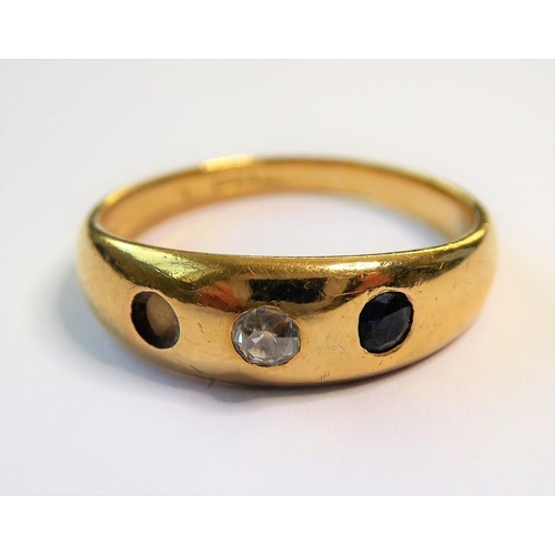 206 - A circular-cut sapphire and brilliant old-cut diamond ring, gypsy-set to the yellow gold setting (ha... 