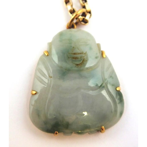 217 - A jadeite pendant of a seated buddha suspended from a oval belcher link chain necklace (weight 7.8g)