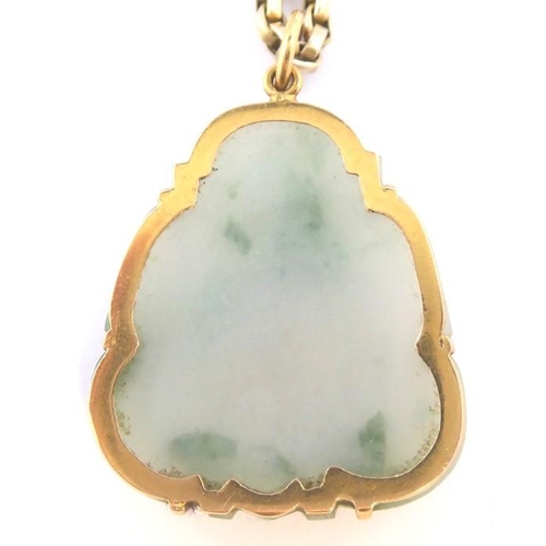 217 - A jadeite pendant of a seated buddha suspended from a oval belcher link chain necklace (weight 7.8g)